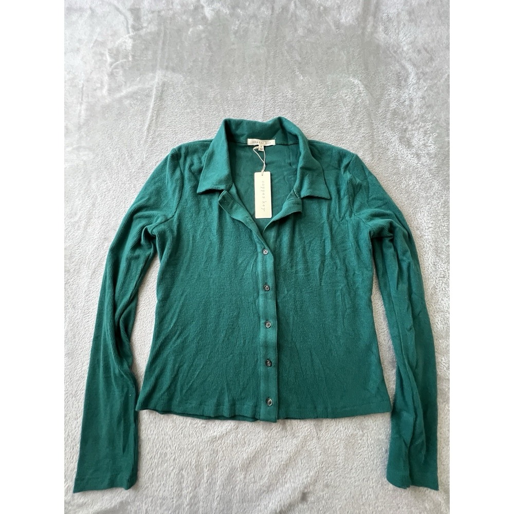 Copper Key Womens Shirt M Green Rib Knit Button Front Collared Top Long Sleeve
